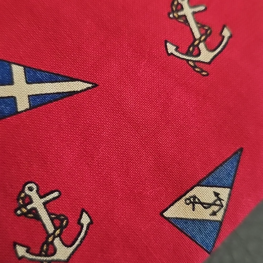 Nautical Red Tie with Anchor and Flag Design By VALENTE. Made In USA 100% Cotton